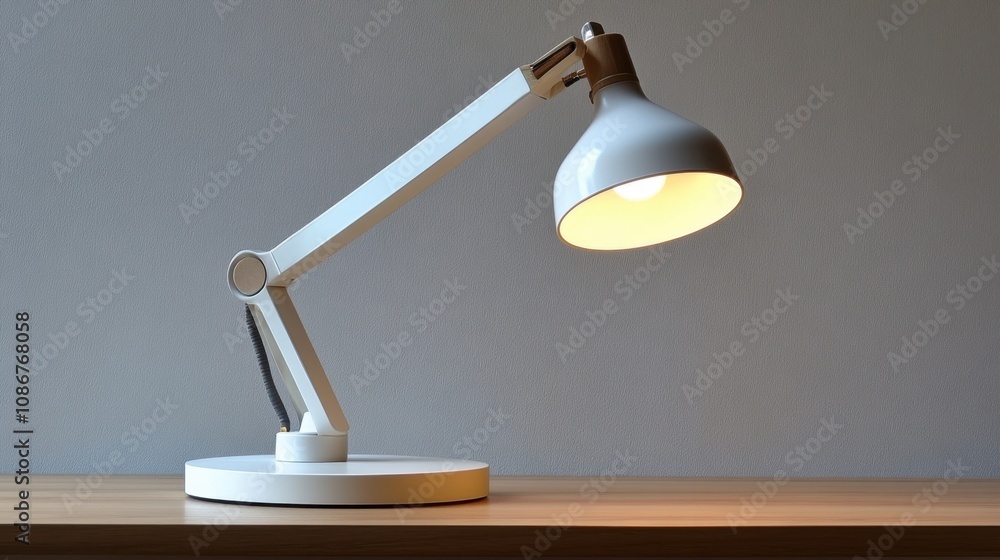 A stylish modern desk lamp illuminating a workspace in a minimalist room during the evening light A stylish modern desk lamp illuminating a workspace in a minimalist room during the evening light
