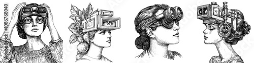 The phoropter is used in optometry to determine eye prescriptions. Drawing of a person undergoing a vision test with a phoropter. Medical science educational illustration.