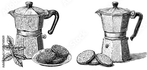 The morning consists of hot coffee, a moka pot, a cup of coffee, and cookies. This flat modern illustration is isolated on a white background with a flat modern illustration on top.
