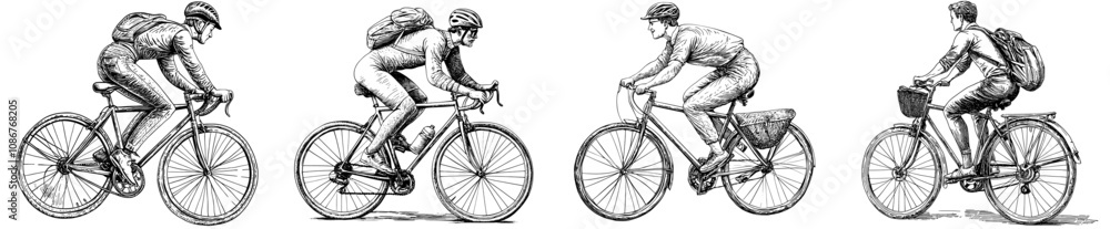 Obraz premium Active man cycling on eco transport. Young cyclist riding a bicycle. Flat modern illustration isolated on white background of a male bicyclist pedaling on a bike.