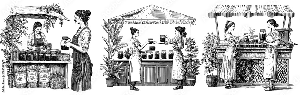 Obraz premium This flat modern illustration illustrates an outdoor kiosk, street stand of a vendor selling natural honey, jam in jars. The customer is choosing organic produce, healthy farm produce at the market