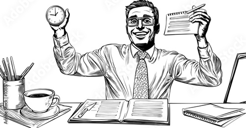 Multitasking and time management concept. Business man managing multiple tasks, workflow, and deadlines. Flat modern illustration isolated on white.