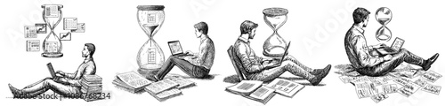 Organizing work, meeting deadlines, multitasking businessman. Focus on efficiency, task completion. Flat modern illustration isolated on white.