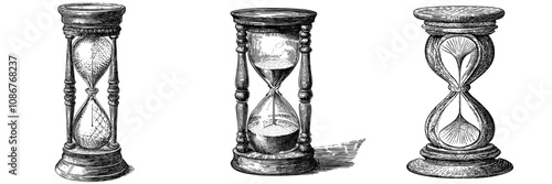 A sandglass clock with sand on the face. Countdown, time management, symbol. Time flowing through minutes and hours in a sandglass clock. Isolated on white.
