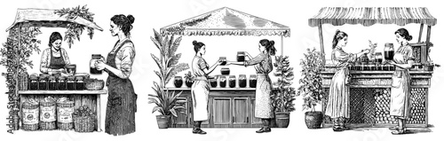 This flat modern illustration illustrates an outdoor kiosk, street stand of a vendor selling natural honey, jam in jars. The customer is choosing organic produce, healthy farm produce at the market