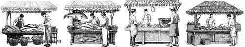 Fish market stall. Fresh seafood sold by a fishmonger at an outdoor kiosk. Customer shopping, choosing local sea food products in the street market. Flat modern illustration isolated on a white