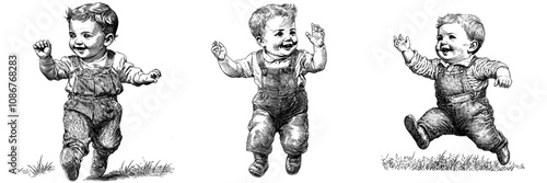 This sketch engraving generative ai raster illustration represents a youthful boy in classic attire running with open arms, capturing the sense of innocence, happiness, and excitement. Black and