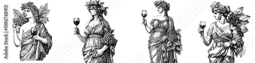 A female statue with a wine glass, ancient elegance with modern appreciation sketch engraving. Ai generative image. Black and white scratchboarding.