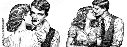 Black and white illustration depicting a passionate kiss between a couple and classic romance. Wrought iron scratch board imitation.