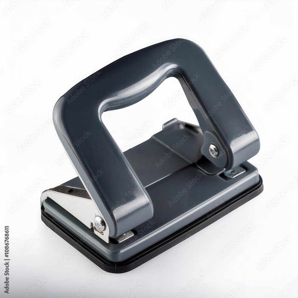 A modern gray paper hole punch on a clean background. A modern gray paper hole punch on a clean background.