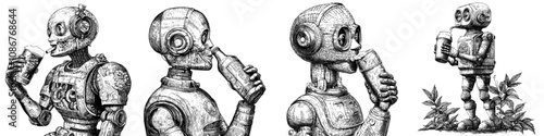 A vintage robot with a mug of beer. Sketch engraving generative raster illustration resembling a scratchboard.