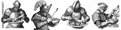 Using a knife to eat a salad, mixing chivalry with modern dining sketch engraving generative AI raster illustration. Scratch board imitation.