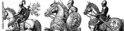 The sketch engraving generative ai raster illustration shows a medieval knight in armor riding a decorated horse and holding a lance. Black and white.