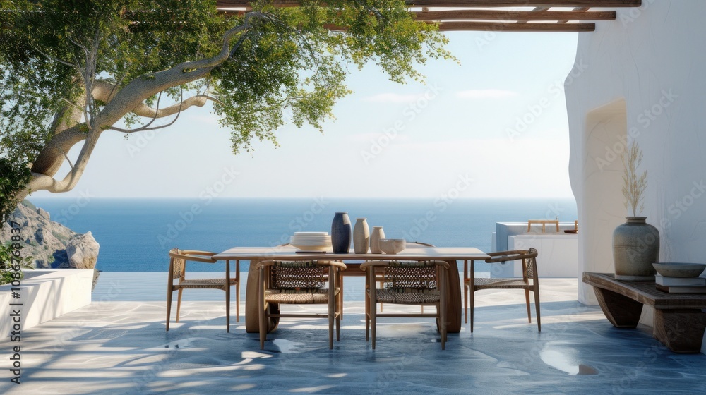 custom made wallpaper toronto digitalA minimalist dining table surrounded by sleek wooden chairs under the shade of a tree, overlooking a breathtaking blue ocean. A tranquil and sophisticated retreat