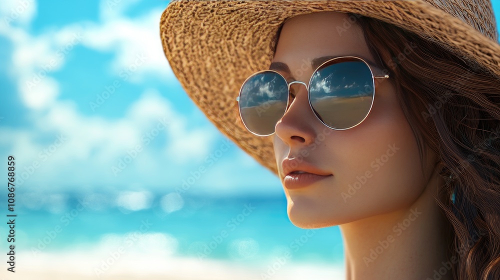 Fototapeta premium A young woman with a sunhat and sunglasses gazing at the ocean, radiating summer vibes and tranquility.