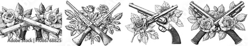 Crossed revolvers decorated with roses. Tattoo design with classic weaponry and floral motifs. Scratch board illustration generative AI raster. Black and white.