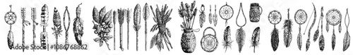 Feathers, arrows, animal skulls, dream catchers,, stylish neoteric modern clipart with ethnic vibrancy.