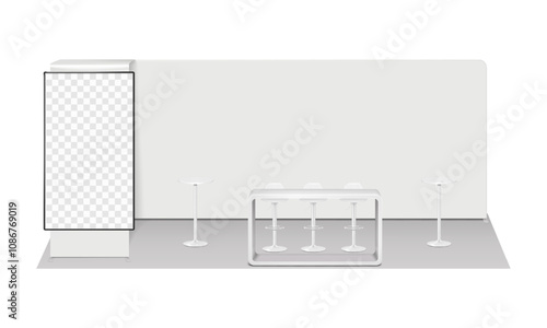 Trade show booth display kit mock-up. Expo tradeshow set template. Backdrop banner stand, LCD monitor, exhibition counter, swivel bar chairs, round countertop high pedestal tables. 3d vector mockup