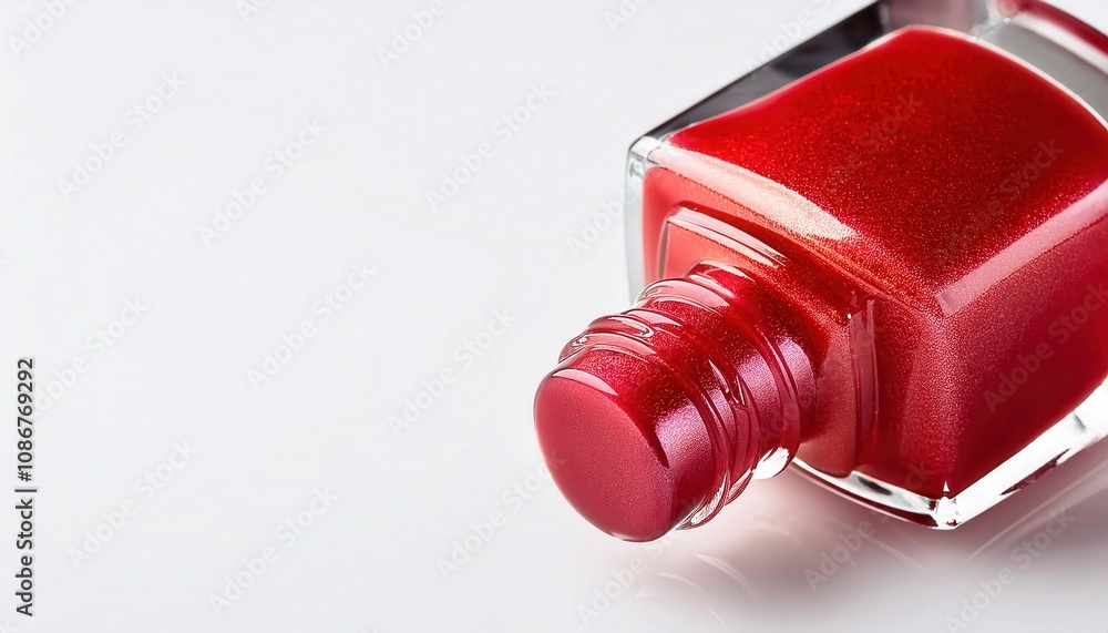 Vibrant red nail polish in a glass bottle on a white surface. Vibrant red nail polish in a glass bottle on a white surface.