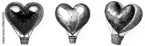Heart-shaped hot air balloon flying. Honeymoon and Valentine's Day trip in red love balloon. Aerostat soaring. Flat modern illustration isolated on white.
