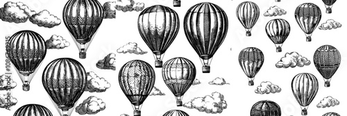 An endless background with tiny aerostats flying. A floating airship and repeating pattern. Aerial adventure, travel, flat illustration.