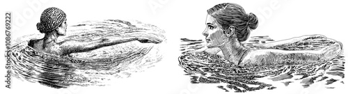 Isolated on white background, female swimmer, young girl in swimsuit, swimming freestyle. Water sport and active leisure time.