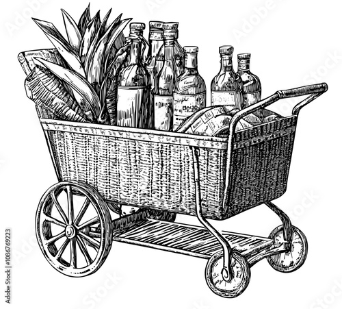 The shopping cart is full of groceries with fresh produce, food products, and packaging. The hypermarket purchases have been placed in the pushcart. This flat modern illustration is isolated on a