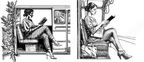Commuter reading book while traveling on public transport. Female commuter on city bus or subway car. Flat modern illustration isolated on white background.