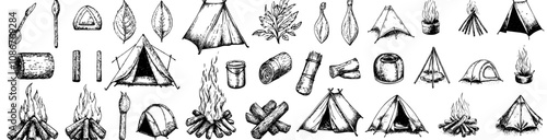 Thin line style with editable stroke. Ax, binoculars, bonfire, oil lamp, pocket knife, rope, barbecue, campfire, marshmallows, tent, yurt.