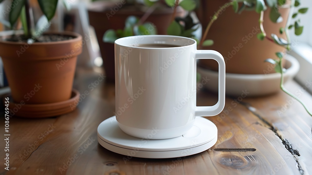 The ideal setting is kept by an intelligent coffee mug and coaster The ideal setting is kept by an intelligent coffee mug and coaster