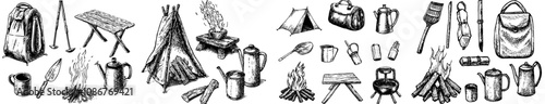 Camping icons in a thin line style with editable strokes. Bonfire, water bottle, enamel, gas, folding chair, picnic basket, pot on fire, and enamel.