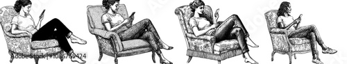 Female sitting in armchair, using smartphone, relaxing at home. Female surfing internet with mobile phone, chatting, texting, reading. Isolated flat modern illustration.