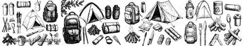 Icons for camping. Line duotone style, editable stroke. bonfire, folding chair, tent, cooking pot, hiking, pocket knife, camping zone.