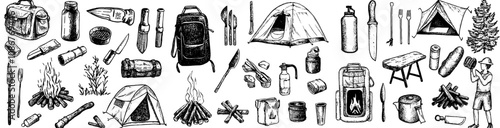 Icons for camping. Thin Line style, editable strokes. Tent, van, camping gas, camping table, cook, flashlight, grill, caravan, knife, stove.