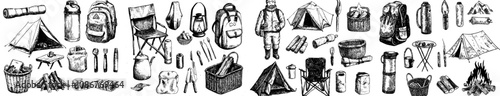 Camping icons. Thin Line style, editable stroke. Tent, cooking pot, folding chair, vest, picnic basket, pot on fire, sleeping bag, and other camping icons.