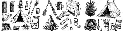 Icons for camping. Thin Line style, editable strokes. Bonfire, campfire, fire, gas stove, cooking, folding chair, picnic basket, pot on fire.