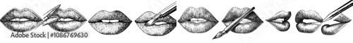 Inlay of lips augmented with filler for big volume. Aesthetic reshaping, correction. Illustrated flat modernly on white.