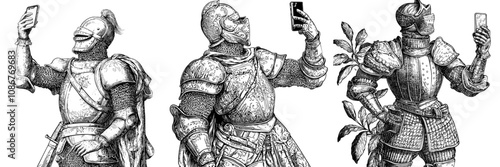 Sketch engraving generative raster illustration of a medieval knight in full armor talking on a smartphone. Illustration depicting a scratch board imitation in black and white.
