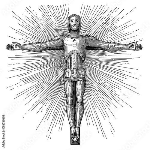 Robot on cross, blending religious symbolism with futuristic, mechanical design elements. Sketch engraving generative AI raster illustration. Scratchboard imitation.