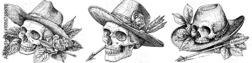 An illustration of a skull holding an arrow in its mouth depicting western and gothic themes in generative raster. Black and white image.