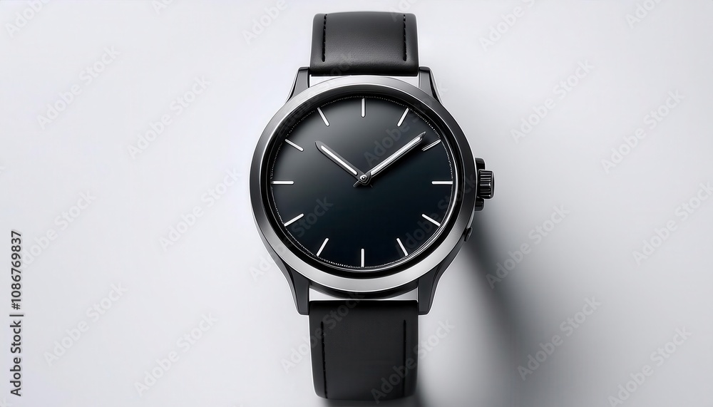 Elegant black wristwatch with minimalist design on a light background. Elegant black wristwatch with minimalist design on a light background.