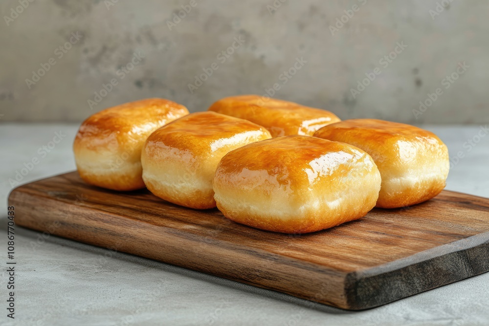 Glazed Doughnuts Arranged On Wooden Cutting Board Glazed Doughnuts Arranged On Wooden Cutting Board