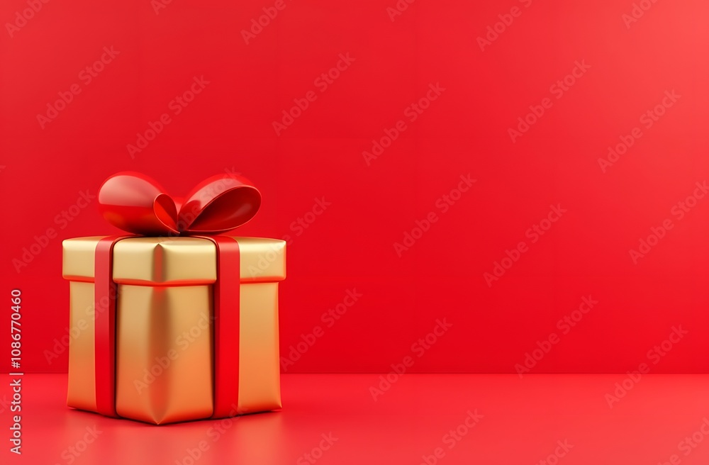 This elegant golden gift box features a striking red ribbon and bow, set on a matching red surface. Perfect for birthdays, holidays, or special events, it adds festive charm This elegant golden gift box features a striking red ribbon and bow, set on a matching red surface. Perfect for birthdays, holidays, or special events, it adds festive charm