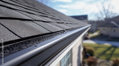 A close-up of a roof featuring modern shingles and a sleek gutter system, basked in daylight, symbolizes a well-maintained home. Pristine and protective. photo