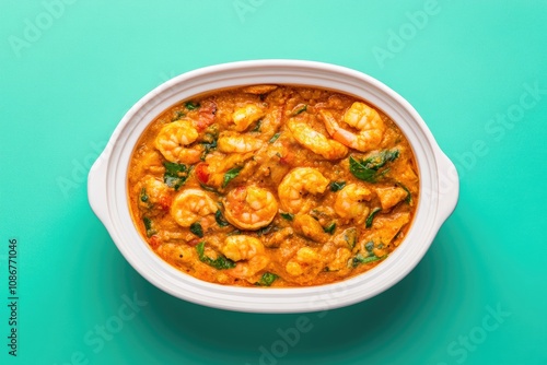 Creamy Shrimp Curry in White Dish on Teal