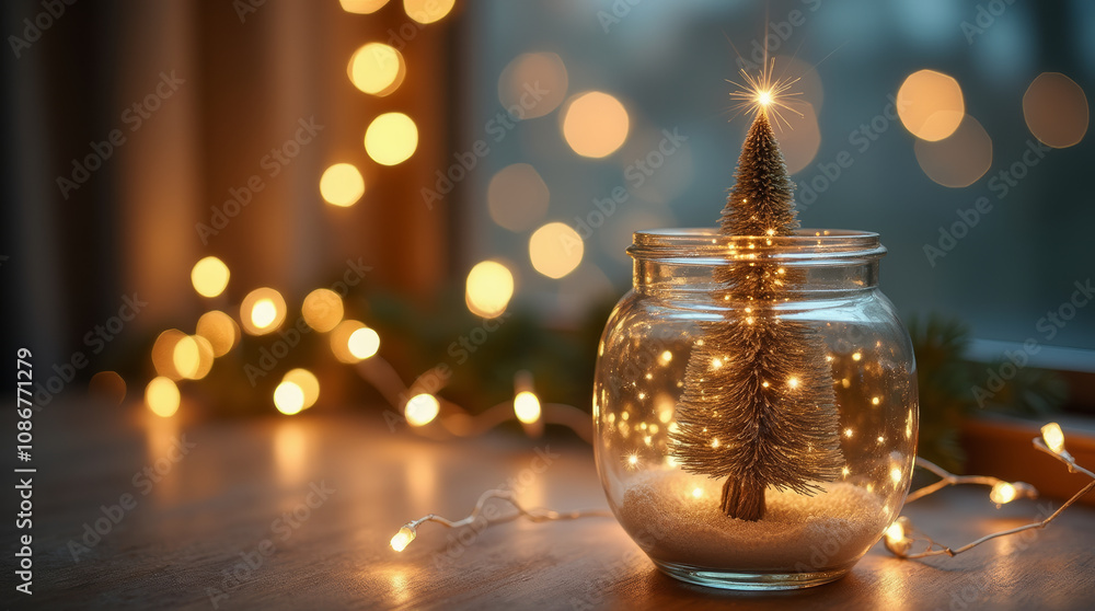 Merry Christmas and Happy New Year Concept - Elegant Christmas Tree in Glass Jar Decoration Merry Christmas and Happy New Year Concept - Elegant Christmas Tree in Glass Jar Decoration