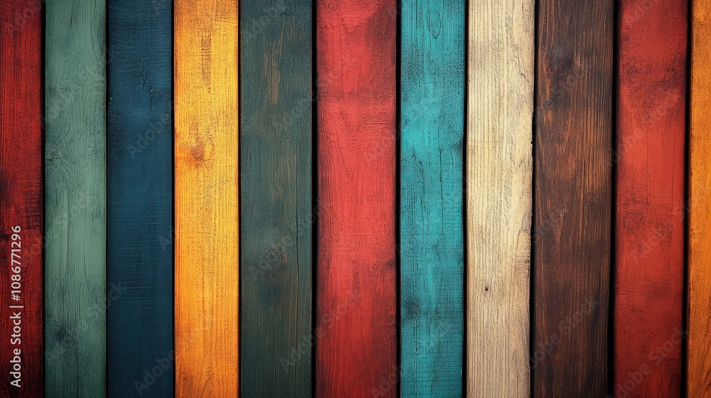 Fototapeta premium Vertical wooden planks split the image into vibrant sections, their colorful patterns forming an abstract, rustic display synonymous with artistic character and individuality.