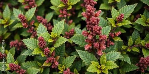 Close-up of lush myrica gale plant with vibrant green leaves growing in early autumn, botany, autumn, lush