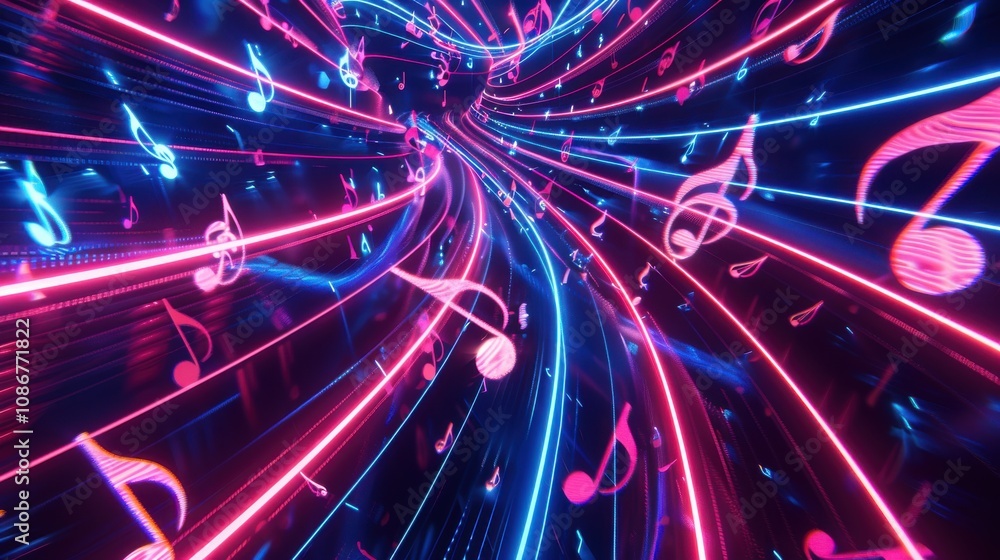 Abstract representation of vibrant musical notes flowing through a dynamic neon tunnel, creating an energetic and captivating visual experience for music and art lovers. Abstract representation of vibrant musical notes flowing through a dynamic neon tunnel, creating an energetic and captivating visual experience for music and art lovers.