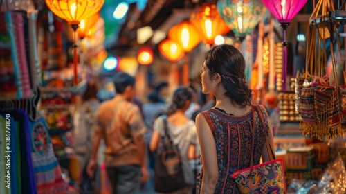 A Woman Exploring a Colorful Market with Lanterns at Night